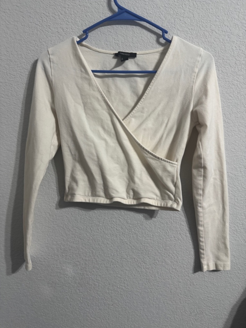 Forever 21 Cream Wrap-Front Long Sleeve Crop Top